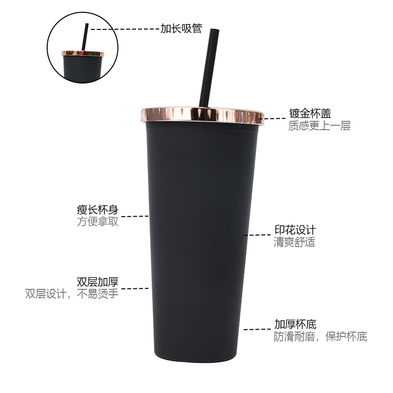 Cross-border Amazon factory direct supply double-layer plastic cups, rose gold lid straw cups, simple solid-color plastic water cups Application Scenario