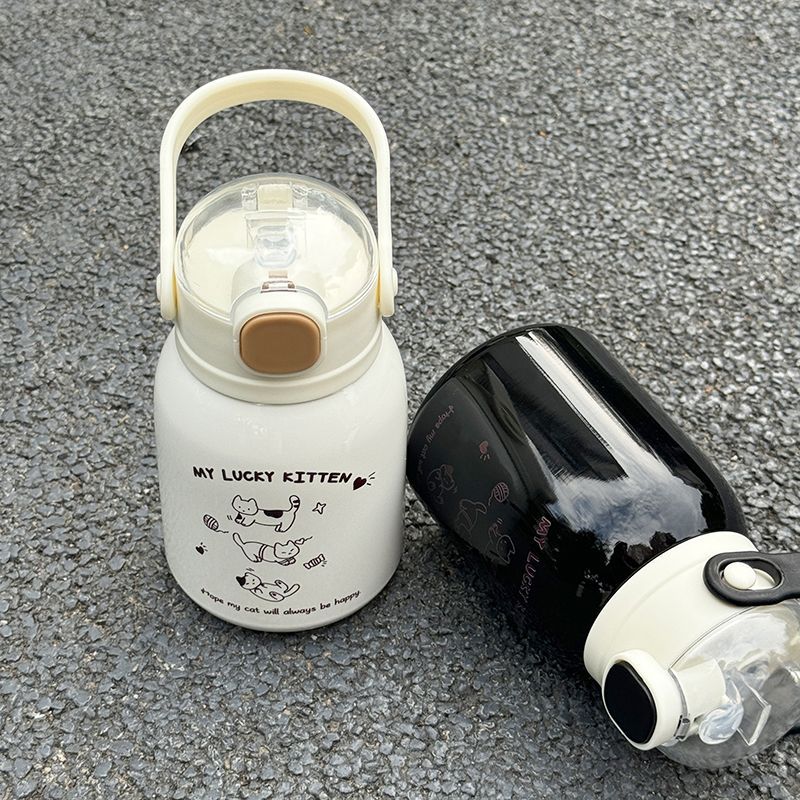 New thermos cup, universal, large-capacity, cute student stainless steel, simple water bottle, tea cup, water bottle, simple style, little cat details Picture