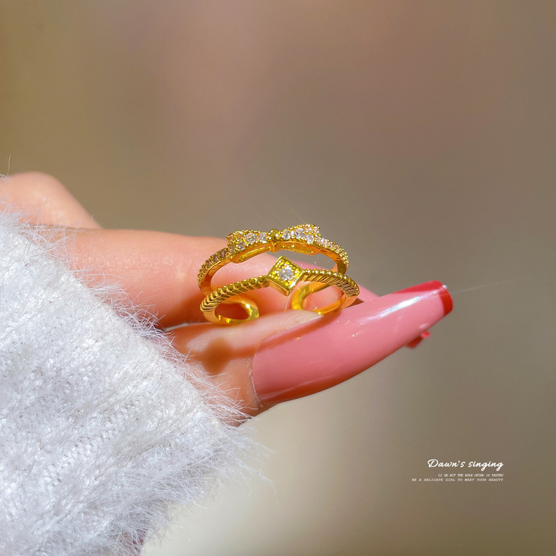【 Real gold electroplated 】 Open ring, bow, unique ring, index finger ring, the same style as Internet celebrities, simple and cold style details Picture