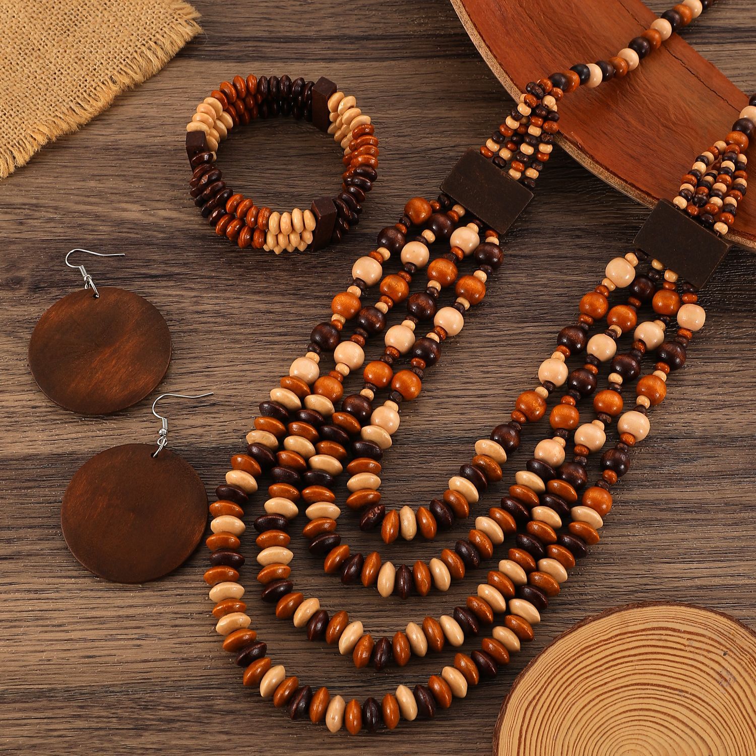 Cross-border retro ethnic style wooden bead multi-layer beaded bracelet, earrings, necklace set, Bohemian long sweater chain Application Scenario