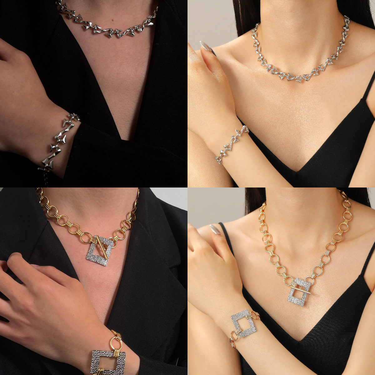 European and American cross-border niche necklace, bracelet, set of jewelry, high-end female hip-hop punk Z-shaped collarbone chain, men's accessories full figure