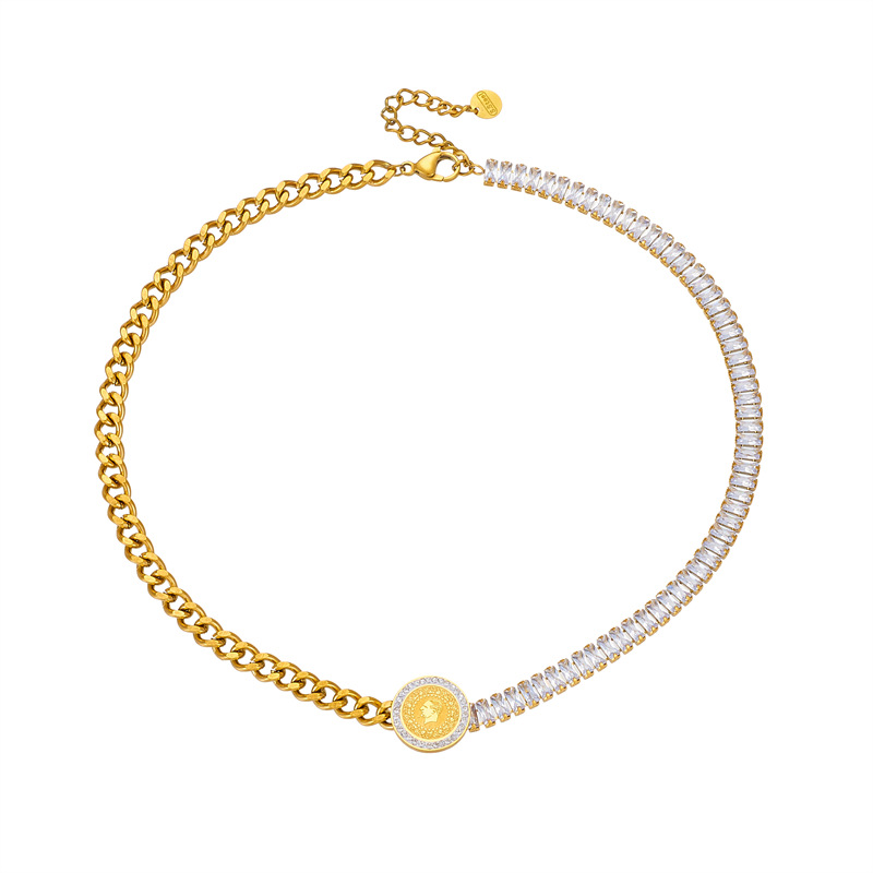 European and American fashion, individuality, and niche water diamond chain irregularly spliced round plate printed titanium steel gold-plated necklace Item Picture