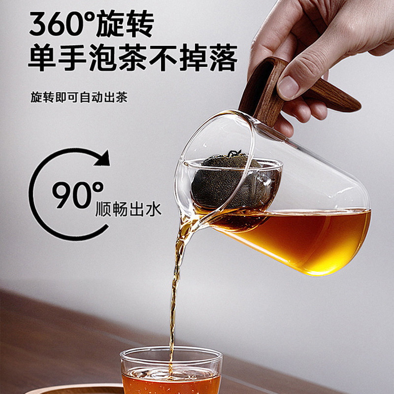 Wholesale thickened high borosilicate glass fair cup, Japanese small green tangerine rotatable tea dispenser and tea strainer integrated glass cup Specification drawing