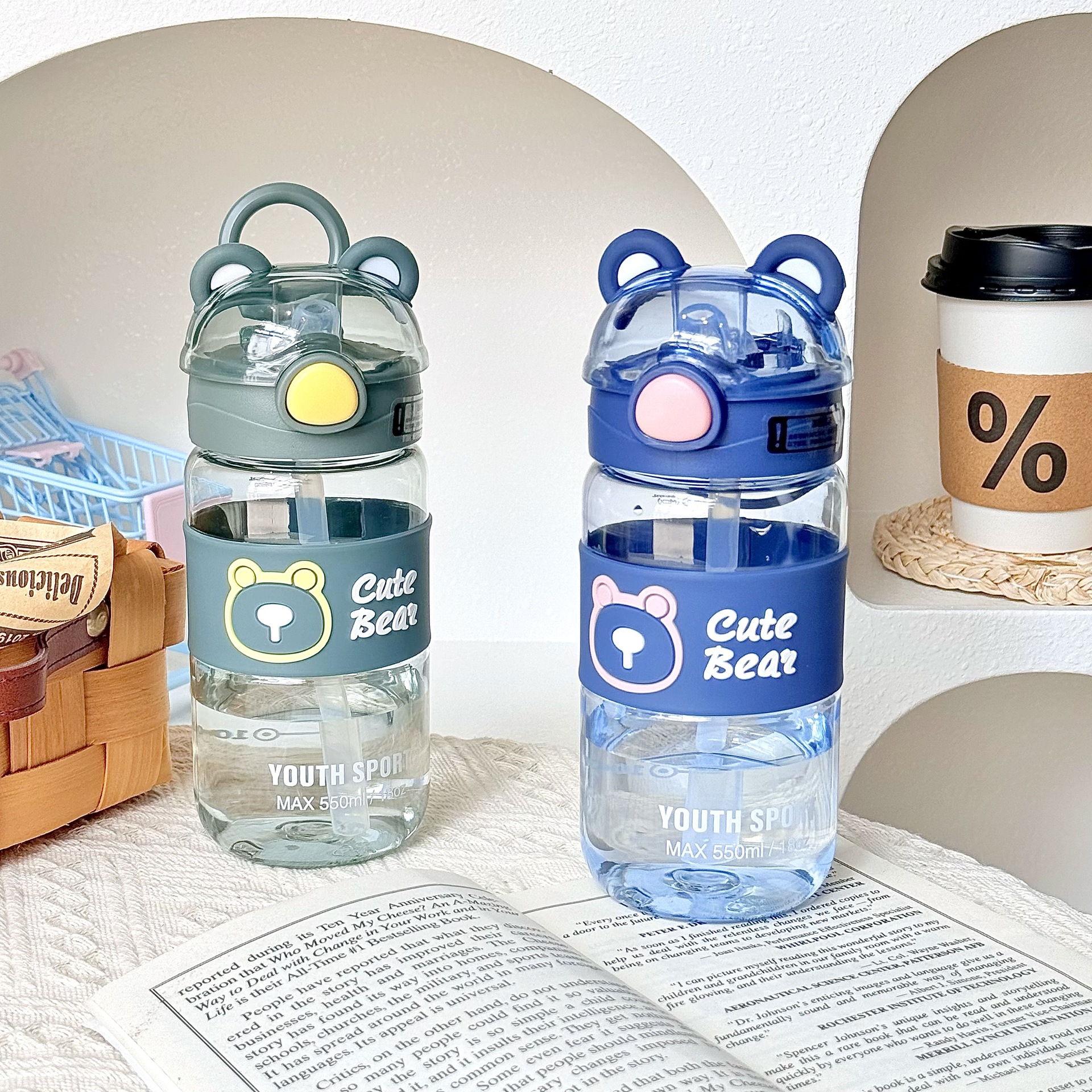 Cute little bear water cup, portable summer straw cup for school, side pocket of schoolbag, cute plastic cup for students full figure