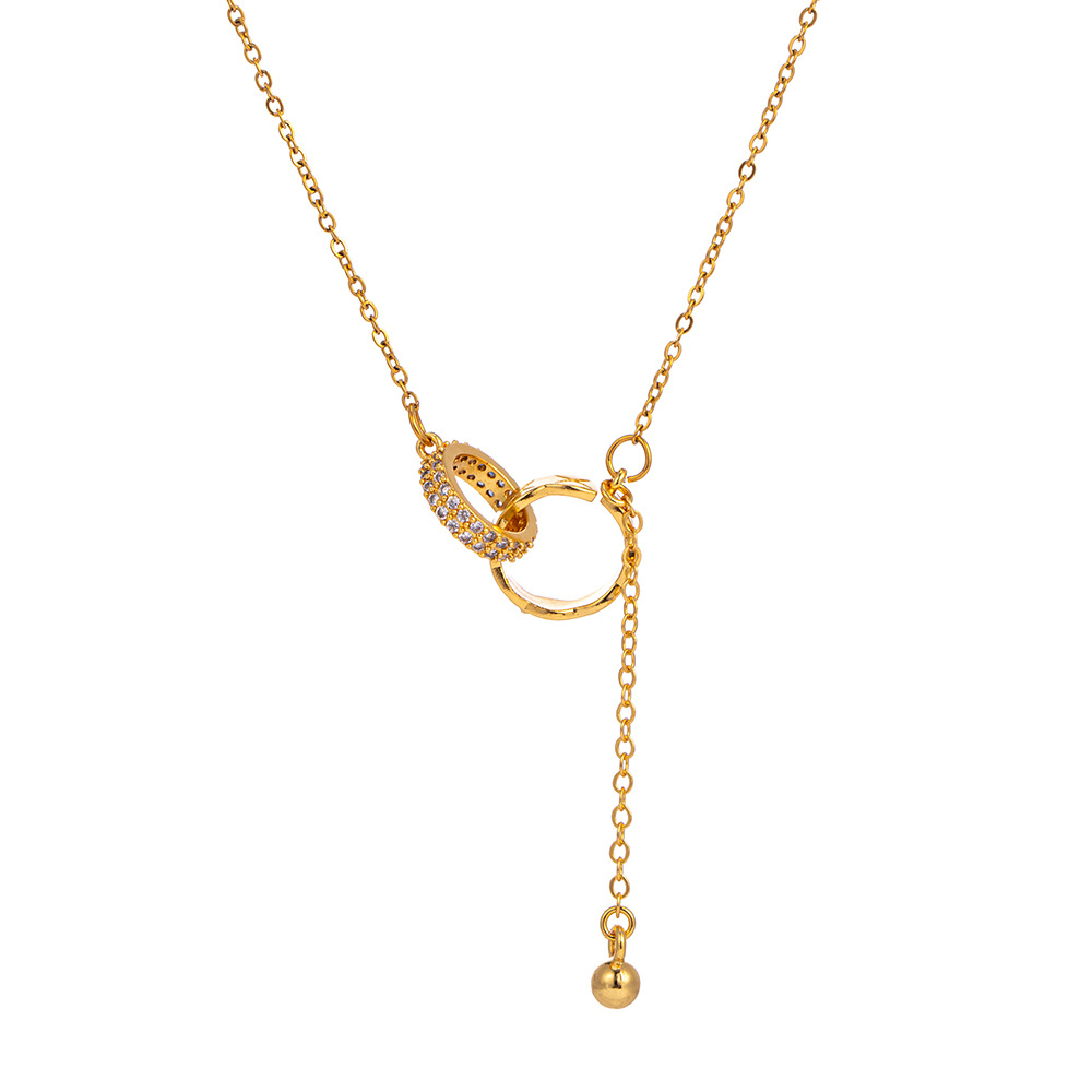 Korean InS-style golden interlocking tassel double-ring necklace, a niche and light luxury design for women, a popular collarbone chain Item Picture