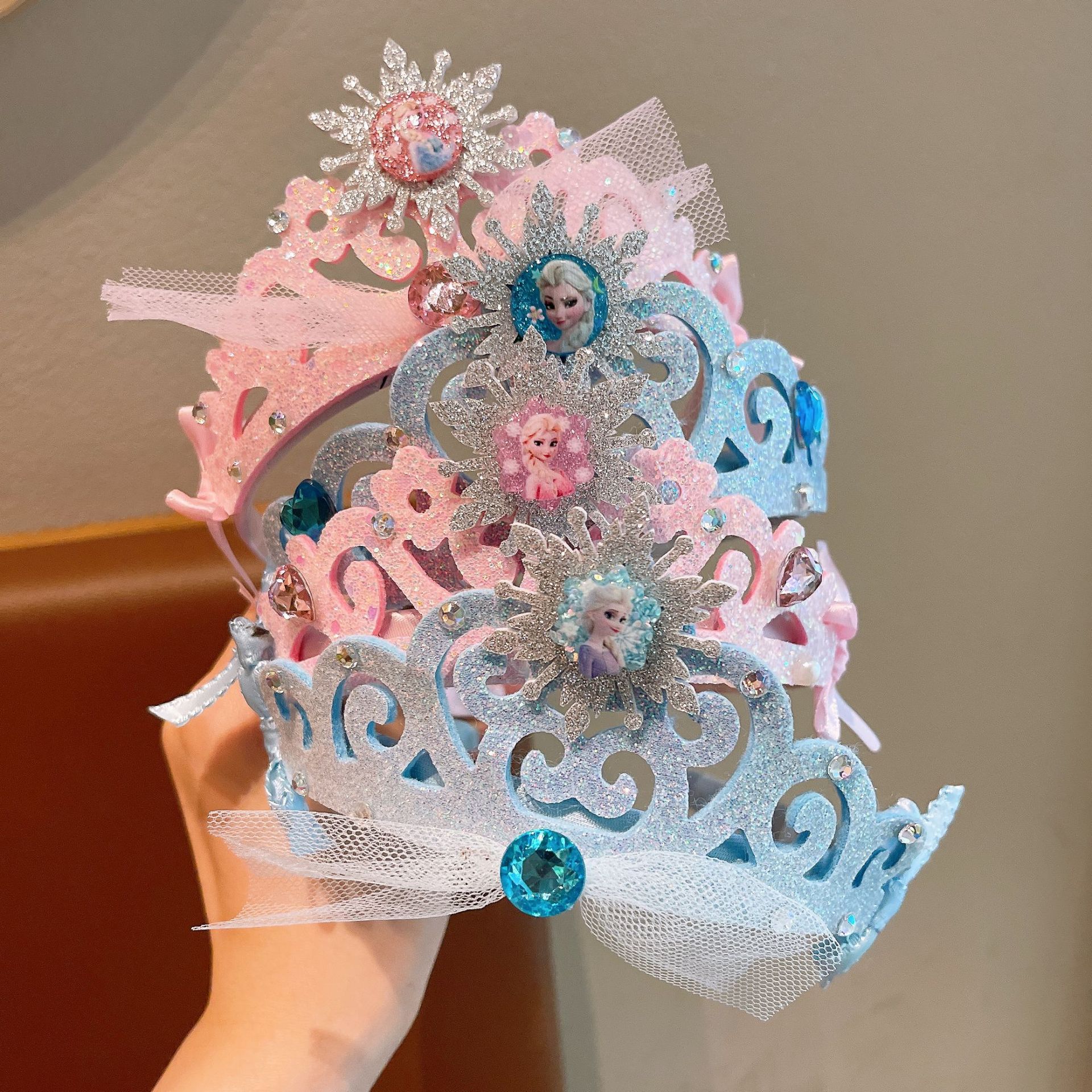 Children's headband, super fairy Elsa Princess crown headband, gauze pearl headband, Frozen little girl hair accessory full figure