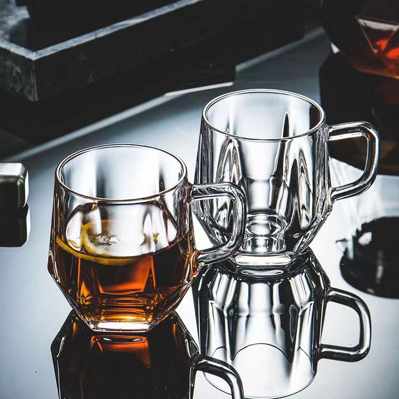 Glass water cups, household InS-style glass cups with handles, light luxury heat-resistant coffee cups, glass cup gifts wholesale Specification drawing