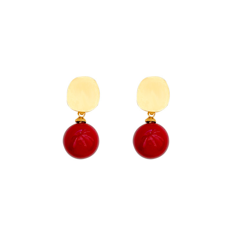 Ankela Red round pearl Stud earrings for Women's unique retro style 2025 Autumn/Winter High-end New Year earrings wholesale Item Picture