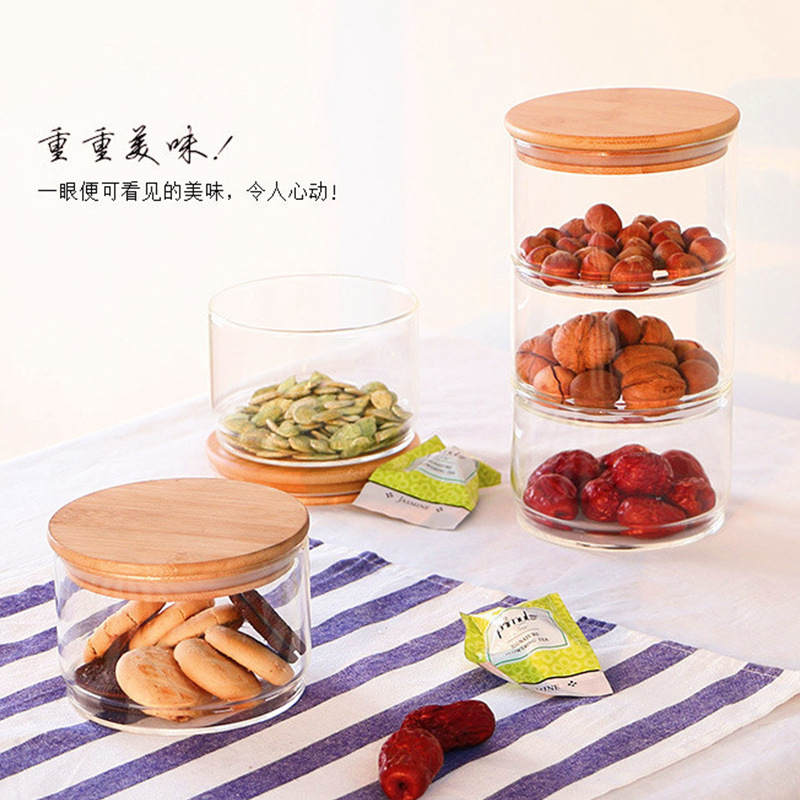 High borosilicate transparent glass storage tank, combined bamboo lid kitchen sealed tank, vacuum tank, handcrafted tea can full figure
