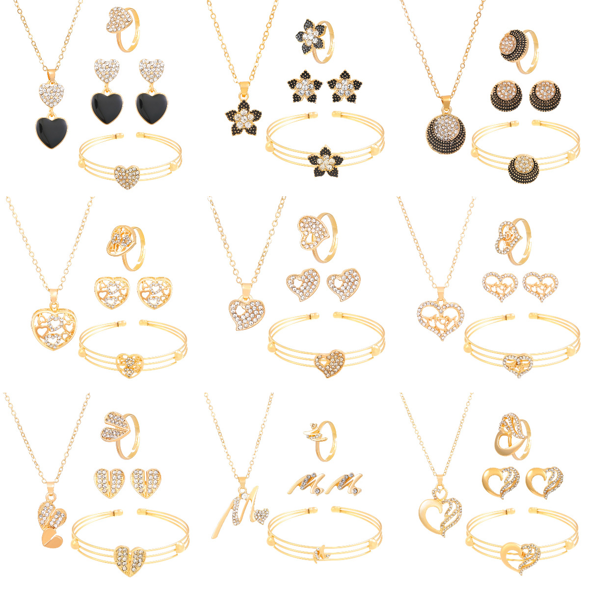European and American exaggerated heart-shaped butterfly flower letter stud ring bracelet necklace jewelry set women's fashion four-piece set full figure