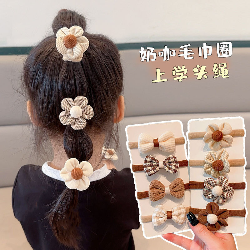 Milk coffee-colored children's hair tie, bow, flower band, high appearance level, no damage to hair, high elasticity and durable hair tie details Picture
