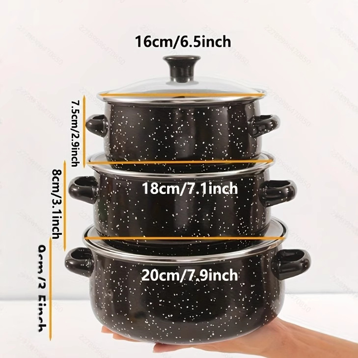 Three-piece set of enamel double-ear soup pot, black enamel with dots, European and American export enamel retro cooking pot, one piece sent full figure