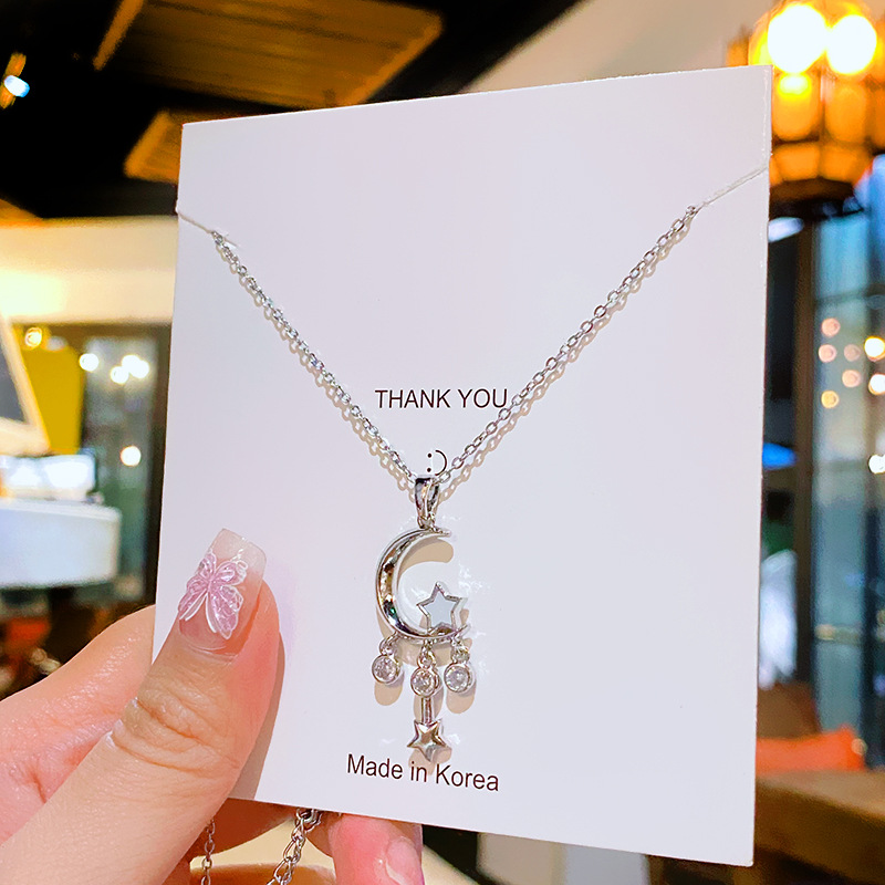 Silver, elegant and high-end tassel, star and moon titanium steel necklace, a unique and light luxury zircon collarbone chain accessory for women Specification drawing