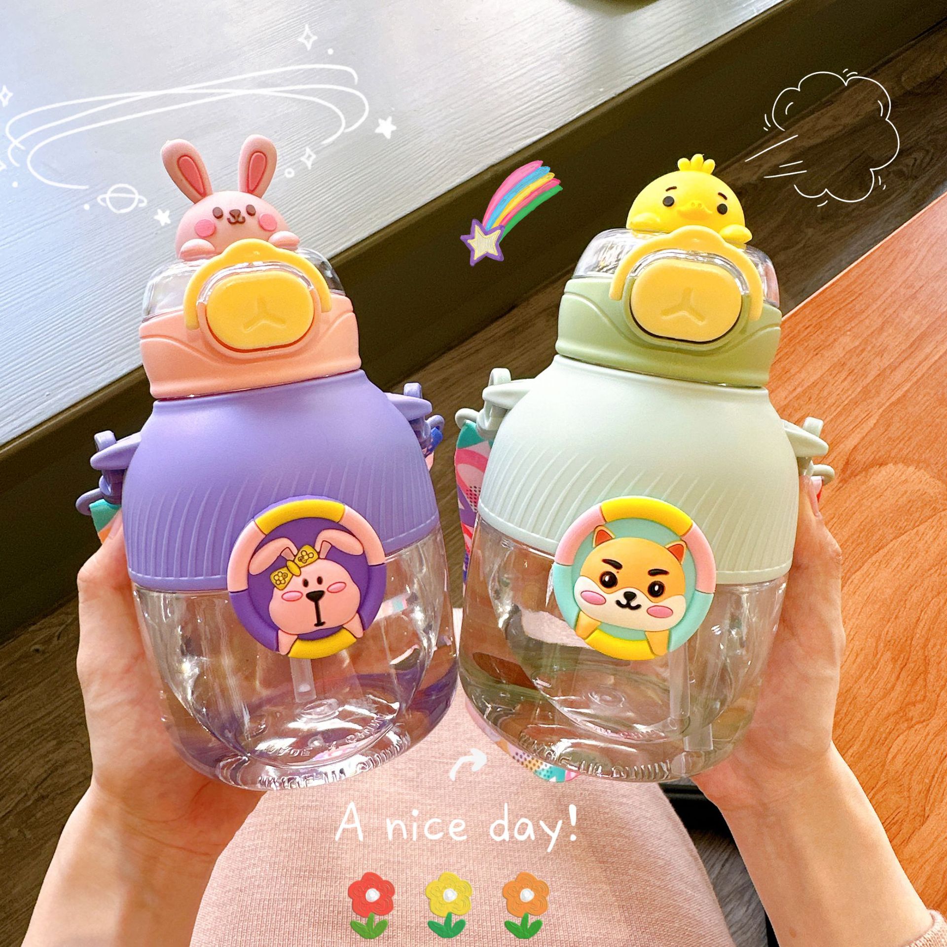 New children's straw cup with high appearance level cartoon straw cup, portable and cute plastic cup for students Specification drawing
