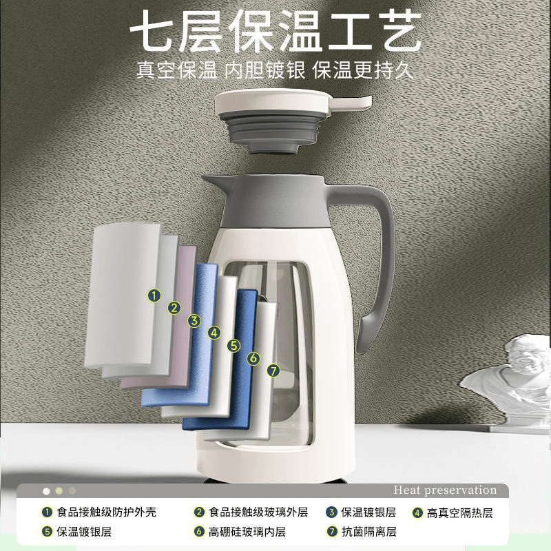 2025 New household thermos flask, large-capacity thermos flask with glass inner liner, hot water flask for boiling water Specification drawing