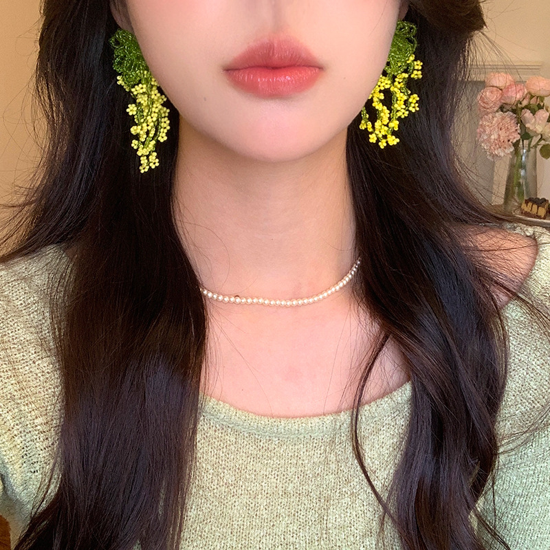 Summer outing green beaded flower tassel earrings, high-end vacation-style earrings for women, exaggerated and stunning stud earrings details Picture