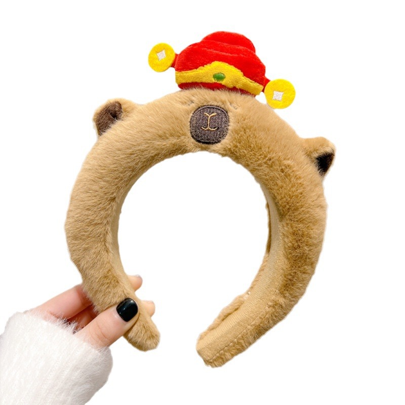 The New Year's God of Wealth Golden ingot capybara hairband is cute and cute. It features a plush high skull top and a wide-edge cartoon headband for autumn and winter Item Picture