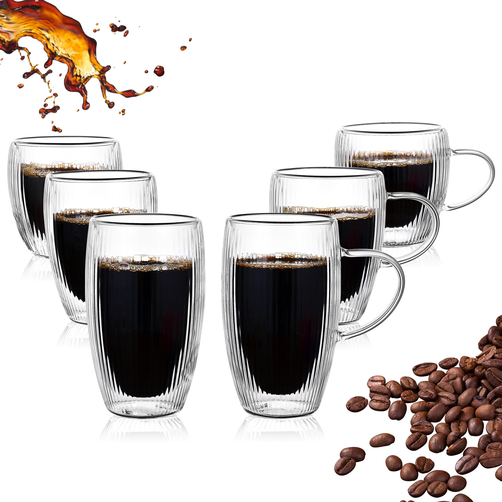 High borosilicate glass cups, household heat-insulating breakfast milk coffee cups, vertical pattern high-temperature resistant double-layer glass cups full figure