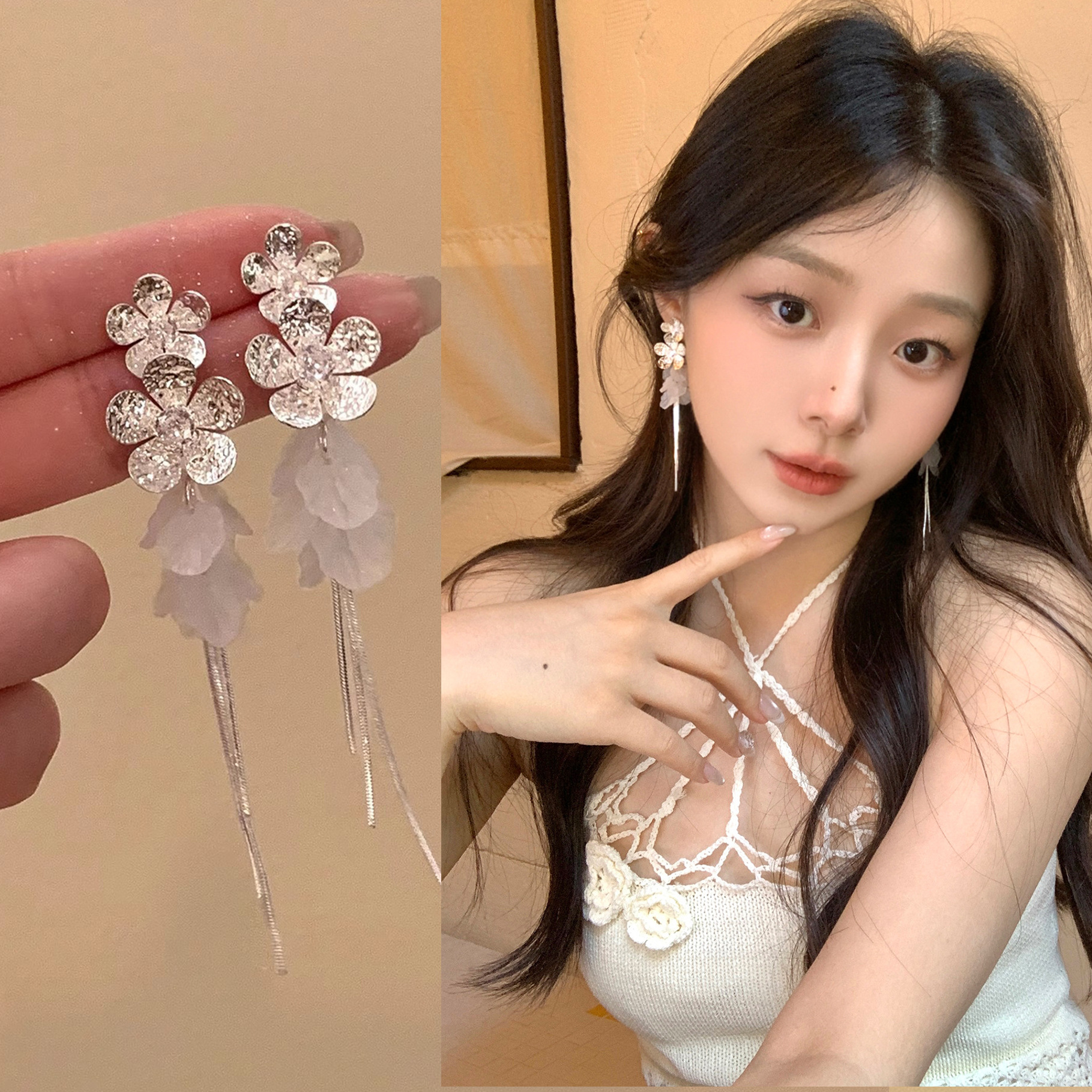 The super ethereal silver flower shell tassel earrings exude a high-end feminine charm and a seaside vacation style. The stud earrings are an absolutely beautiful and elegant earpiece full figure