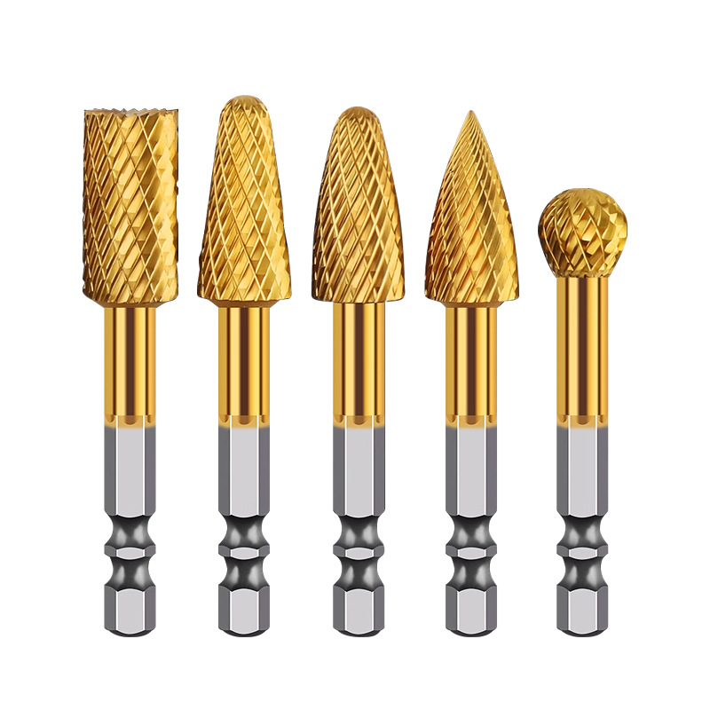 Titanium-coated tungsten steel grinding head, hexagonal handle, hard alloy rotary file, metal stainless steel inner hole, electric drill milling cutter grinding head Item Picture