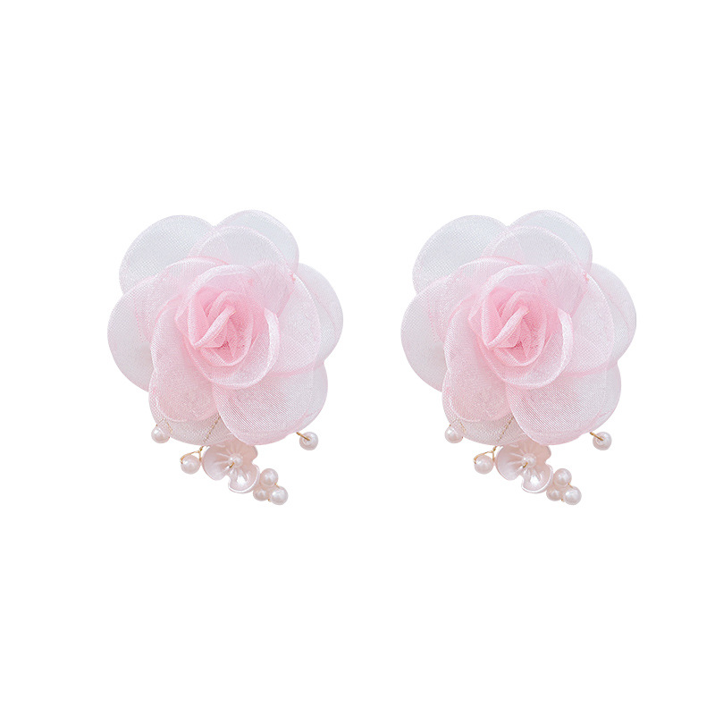 Sweet pink tulle flower earrings for women, spring and summer, high-end forest-themed tassel earrings, 2025 new fashion earrings Item Picture