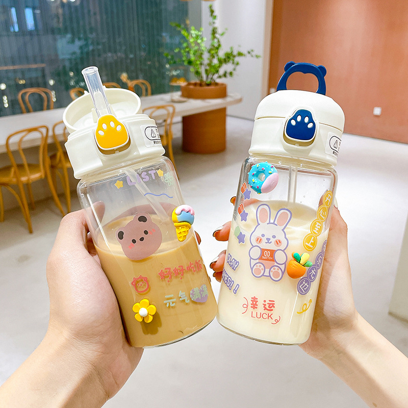 Cute student glass cup, creative and adorable girl's heart, straw cup, cartoon portable pop-up lid, heat-resistant and explosion-proof water cup full figure