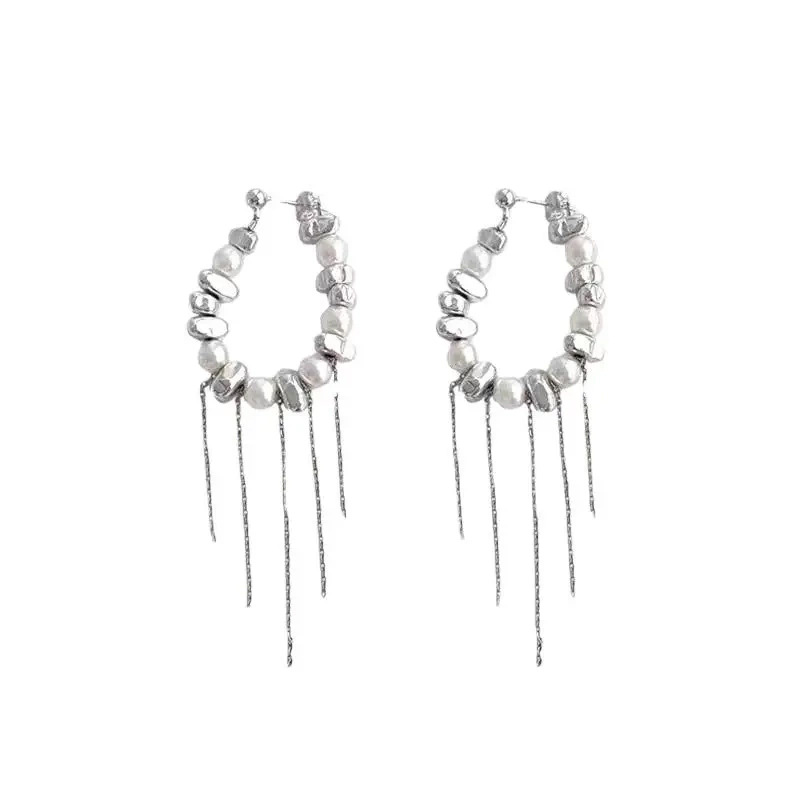 Cold and elegant silver pearl earrings for women, long stud earrings, European and American fashion design, simple earrings Item Picture