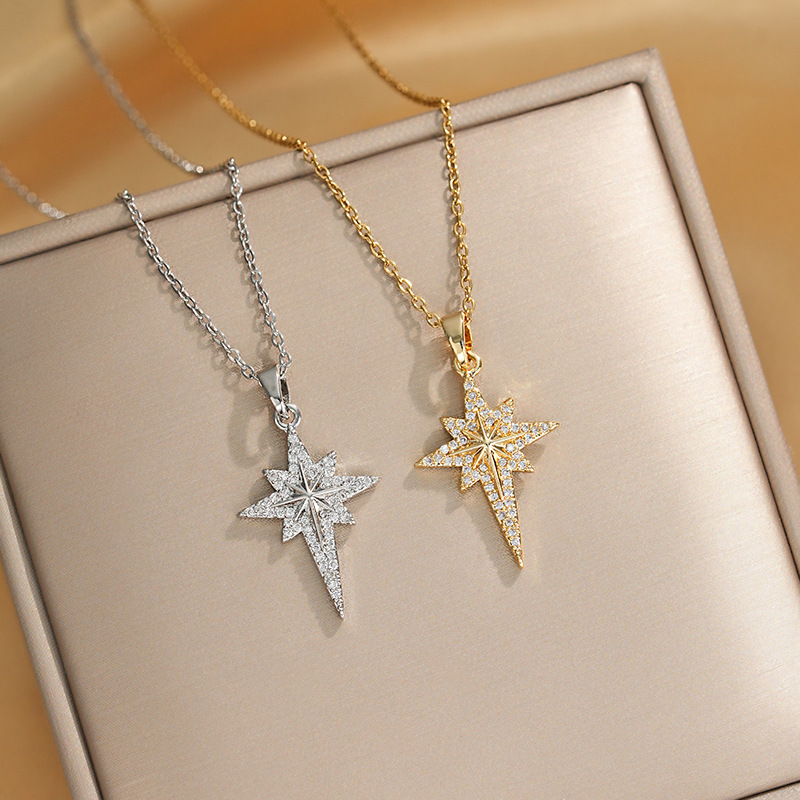 European and American style, zirconia octagonal star pendant titanium steel necklace, women's fashionable and light luxury collarbone chain, high-end accessory full figure