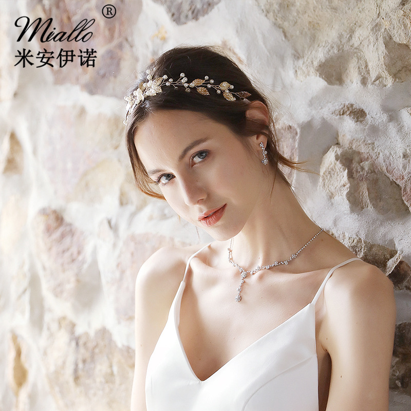 Mianino creative European and American bridal headwear, hand-woven simple pearl headband, golden leaf headband full figure