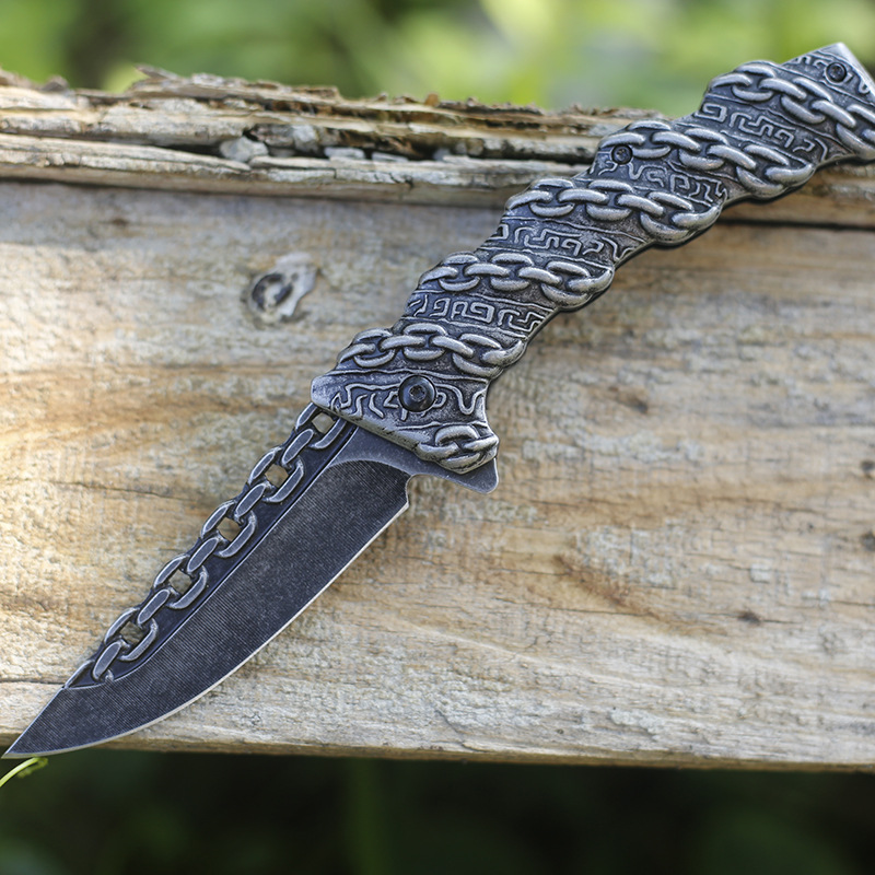 Embossed steel handle folding knife, stainless steel outdoor knife, wilderness survival tactical knife, mountain climbing portable camping knife undefined