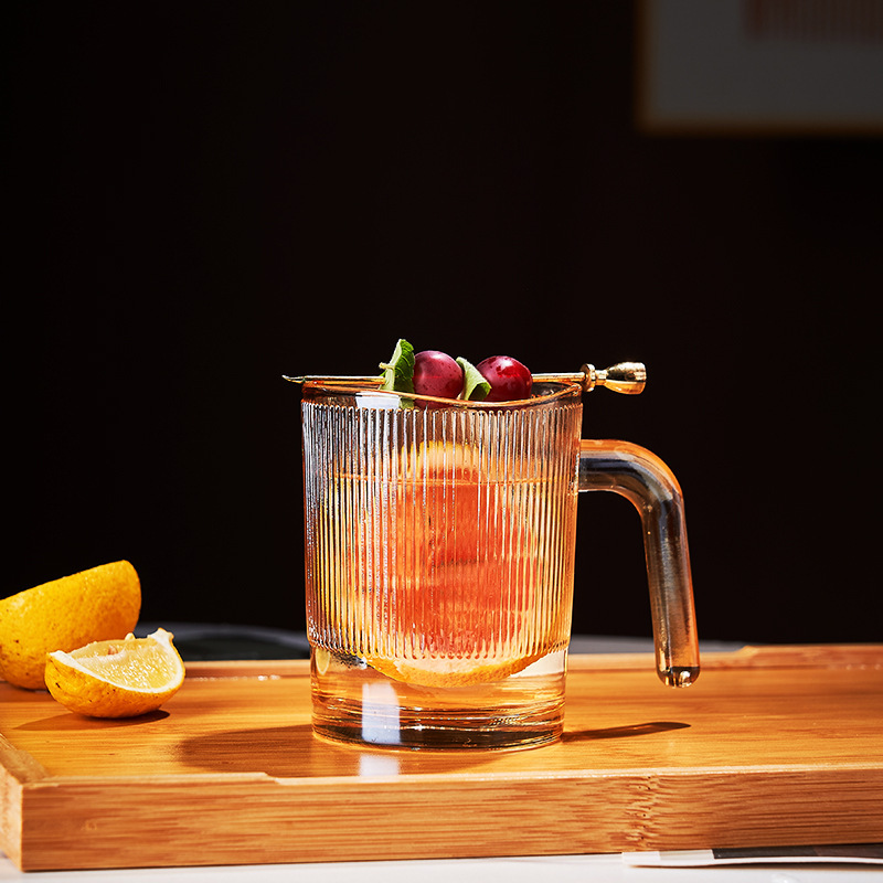 Simple lip-lip line vertical stripe glass handle cup, household water cup, juice coffee cup, milk cup, beverage beer mug Specification drawing