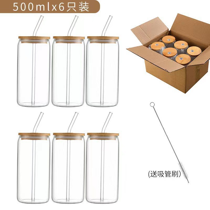 Cross-border Amazon high borosilicate water cups, popular bamboo and wood LIDS, cola cups, juice straws, glass cups, printed color pictures Specification drawing