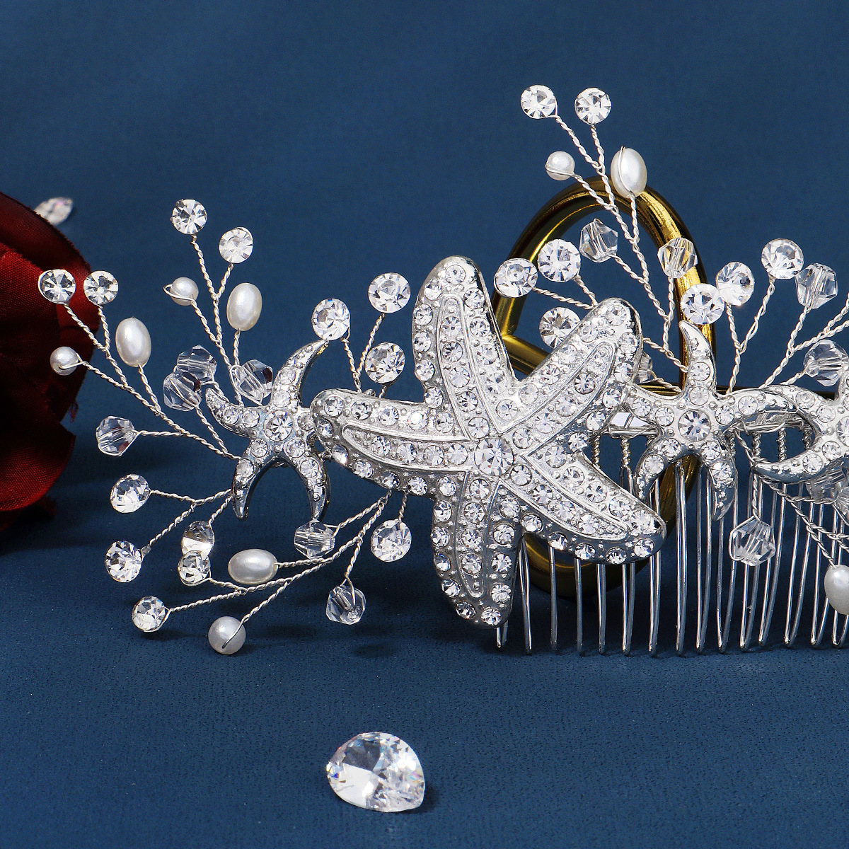 New Korean style accessories: Sweet bride's updo headwear, handcrafted crystal pearl comb, alloy water diamond starfish comb details Picture