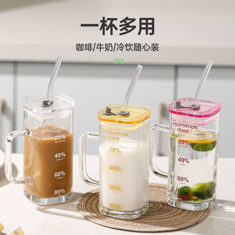Square glass cup, high appearance level water cup, women's household cup with handle straw, transparent beer, beverage, milk tea new style cup full figure