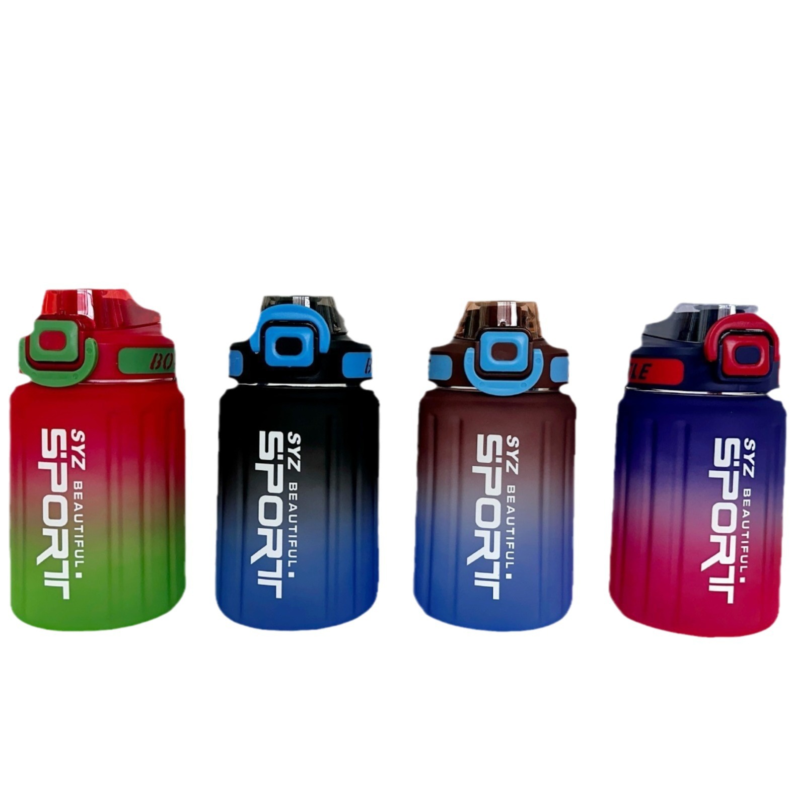 Wholesale summer high appearance level outdoor sports water bottles, frosted gradient color portable double-drinking cups, handle plastic water cups Item Picture