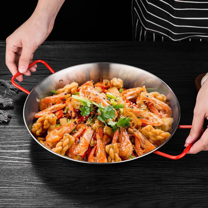 paella Spanish paella pan, frying pan, double-ear flat pan, stainless steel Korean fried chicken plate, salad pasta plate details Picture