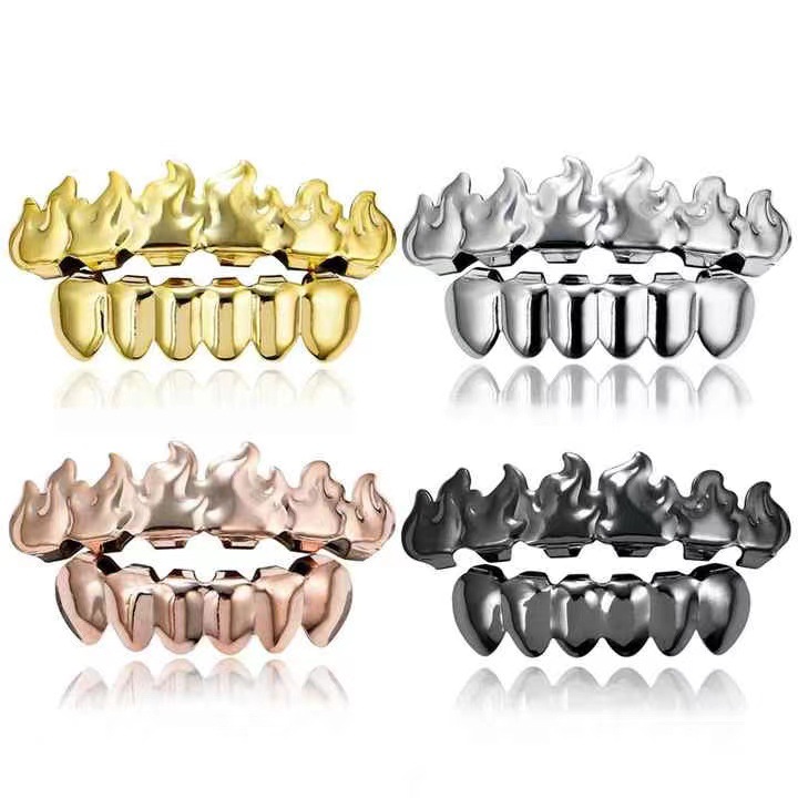 The new cross-border hip-hop flame braces metal are selling well. HIPHOP hip-hop gold braces Halloween gold teeth decoration full figure