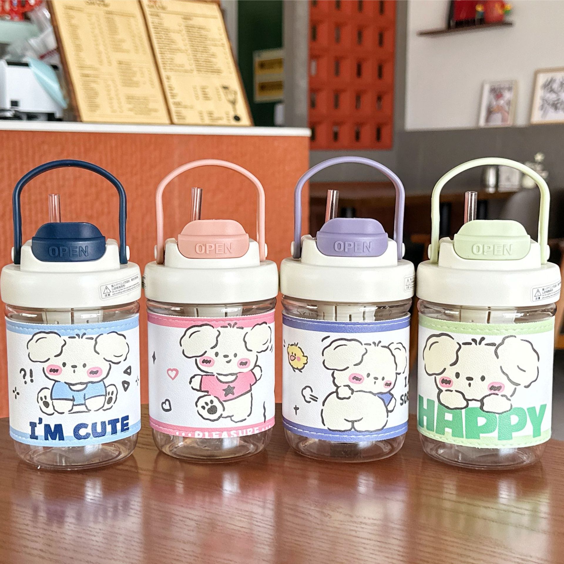 Cute cartoon water cup, high appearance level for girls, double-drinking straw cup, heat-resistant portable coffee case, plastic cup for students details Picture
