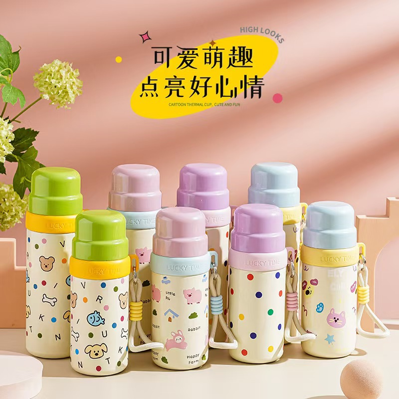 High-appearation-level cartoon insulated cup, 316 stainless steel large-capacity water cup with handle rope, portable for girls, dual-purpose cup with one lid full figure