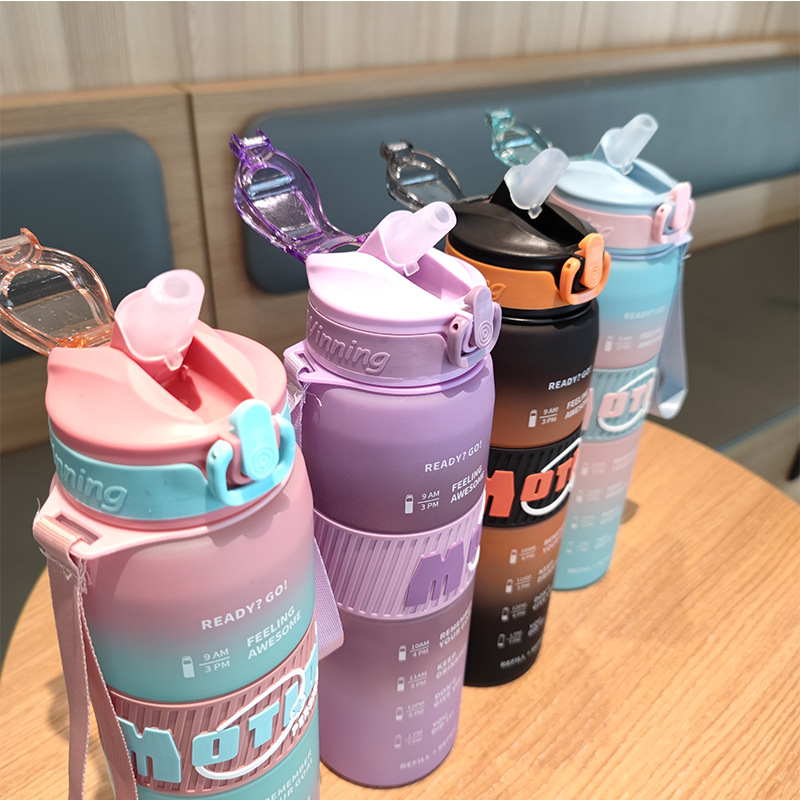 New gradient matte water bottle spout one-button pop cap for men and women, large-capacity portable sports space cup with shoulder straps details Picture