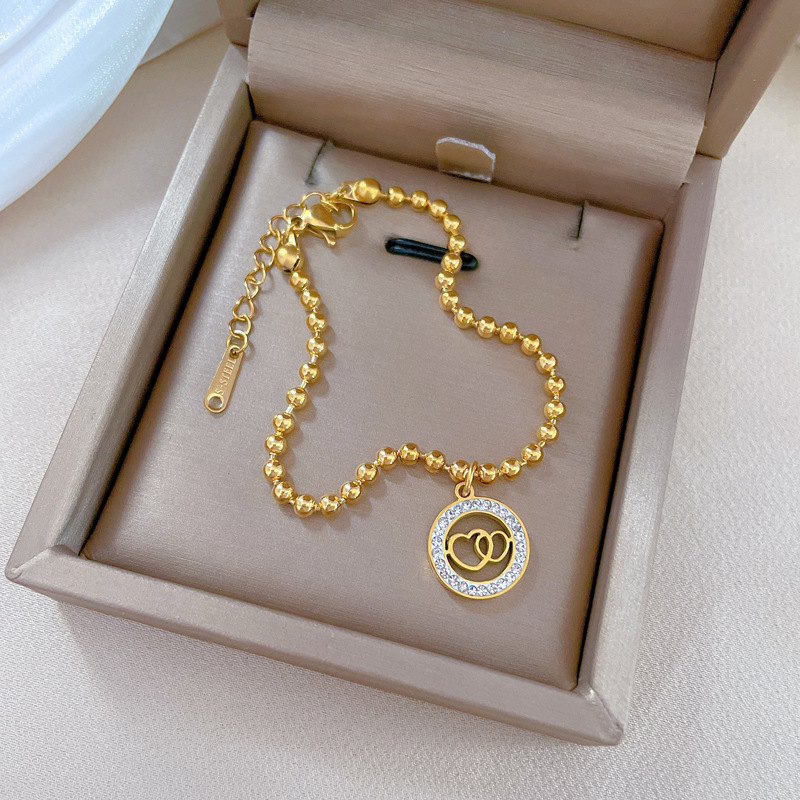 【 All-titanium Steel 】 Dongdaemun Personalized round Bead Double-ring heart-shaped bracelet, a retro birthday gift for female Internet celebrities and best friends Specification drawing