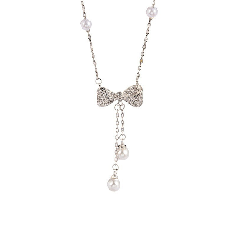 Bow tassel pearl necklace, women's light luxury, exquisite and high-end collarbone chain accessory, trendy bestseller, Internet celebrity necklace Item Picture