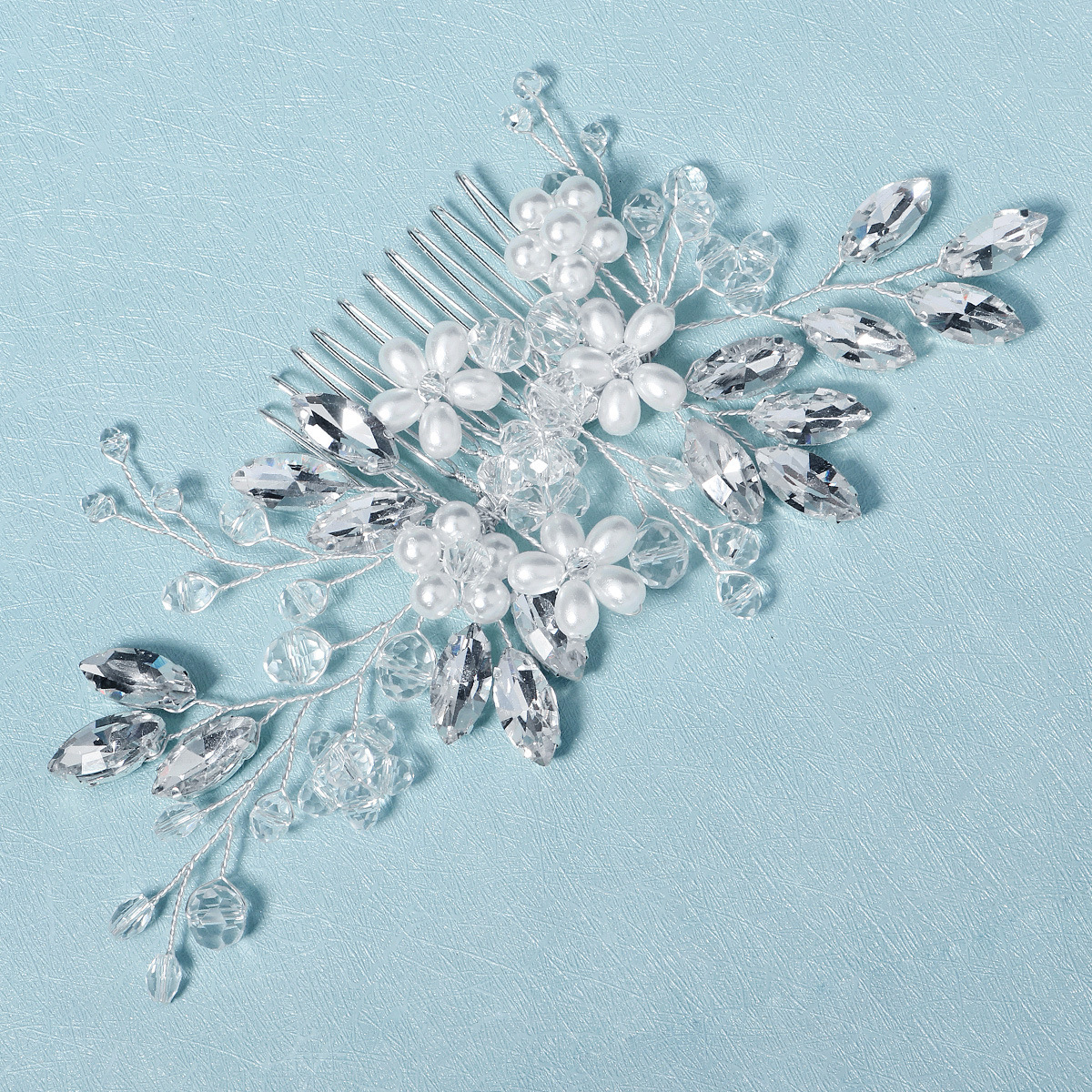 Xiuhe Ancient-style crystal pearl hair accessories, handcrafted updo hair, flower arrangement comb, cross-border retro and beautiful wedding bride's hair comb Specification drawing
