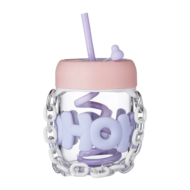 Cute girl glass cup, high appearance level, simple straw cup. Girls carry chains and carry ins water cups in summer Item Picture