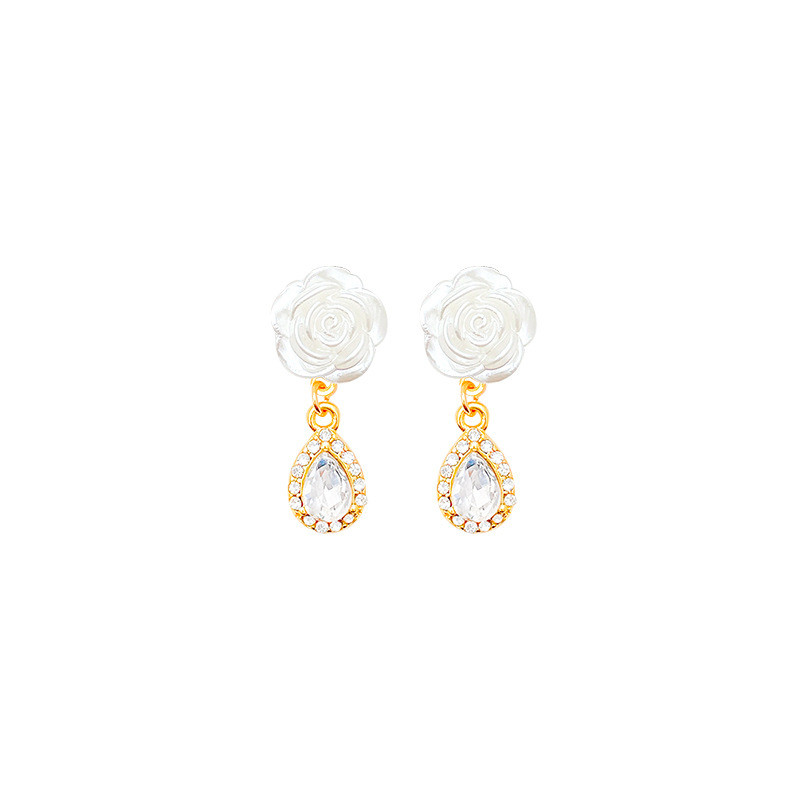 French retro camellia earrings for women, 2024 new water drop zircon earrings, a high-end and popular earpiece that has become a social media sensation Item Picture