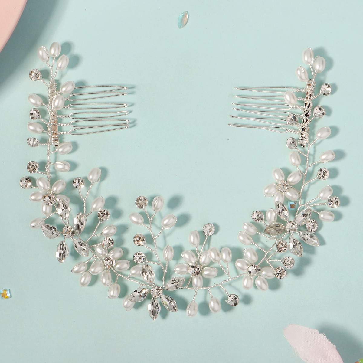 European and American fashionable bride's water diamond pearl headband, handcrafted beaded double comb headband, simple and versatile updo braided hair accessory Application Scenario
