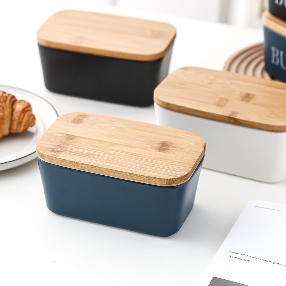Rectangular ceramic butter box, sealed jar, butter box, bamboo lid with knife, Western-style household cheese box, cross-border Amazon Application Scenario
