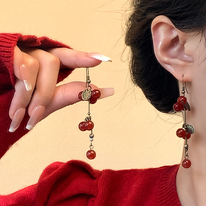 Chinese-style red cherry tassel earrings, unique design, forest-themed long earrings, elegant and high-end, retro earrings details Picture