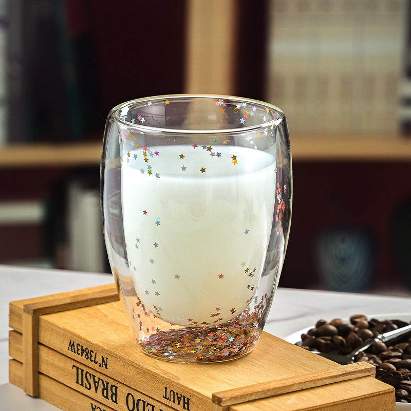 Double-layer glass quicksand cup, high borosilicate glass double-layer sequined cup, breakfast milk coffee cup, household drinking water cup details Picture