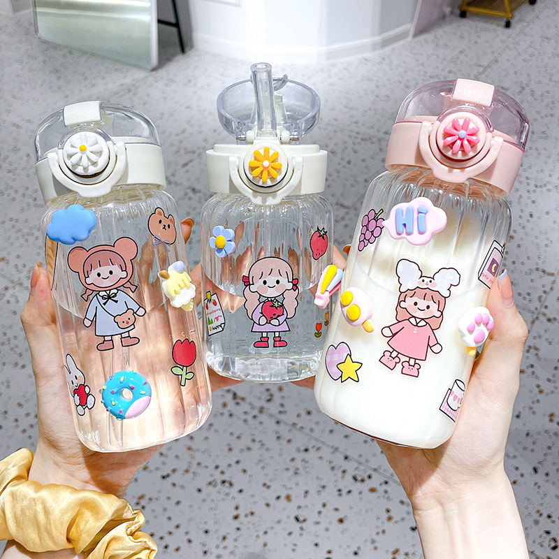 Glass straw cup, ins style creative vertical pattern forest-themed fresh water cup, portable leak-proof, high-temperature resistant, pop-up lid, portable cup full figure